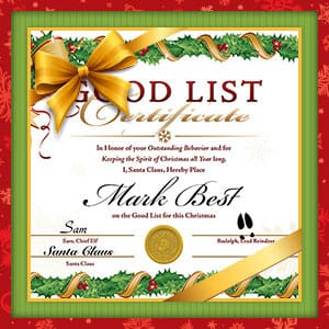 Santa's Good List Certificate - $6 with Free Shipping